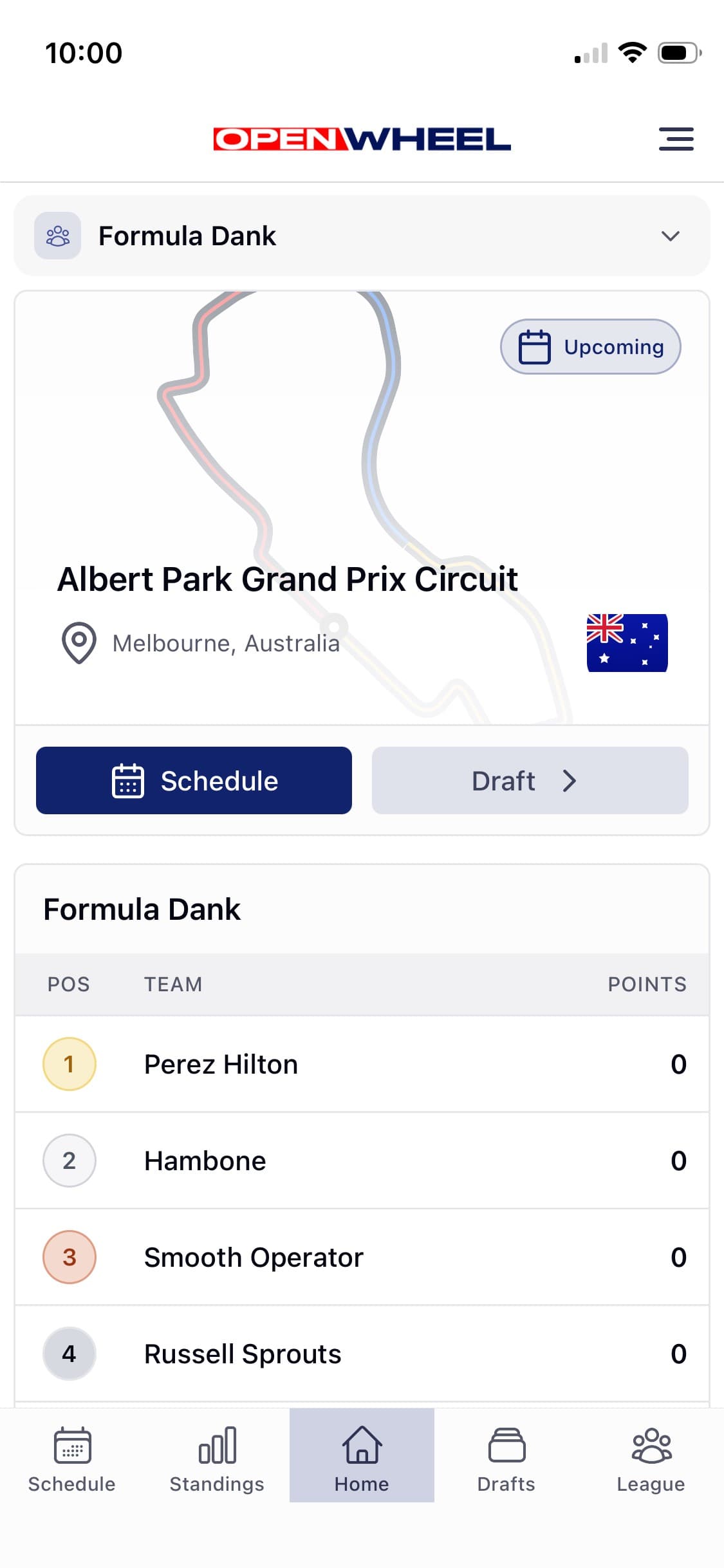 OpenWheel app dashboard showing league standings and upcoming race